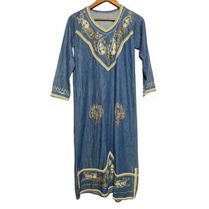 Vintage Embroidered Denim Maxi Dress Blue Gold Folk Boho Long Sleeve V-Neck 70s